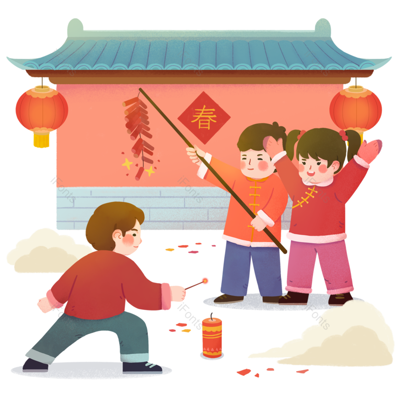 春节图片,鞭炮元素,放鞭炮PNG,插画免抠素材